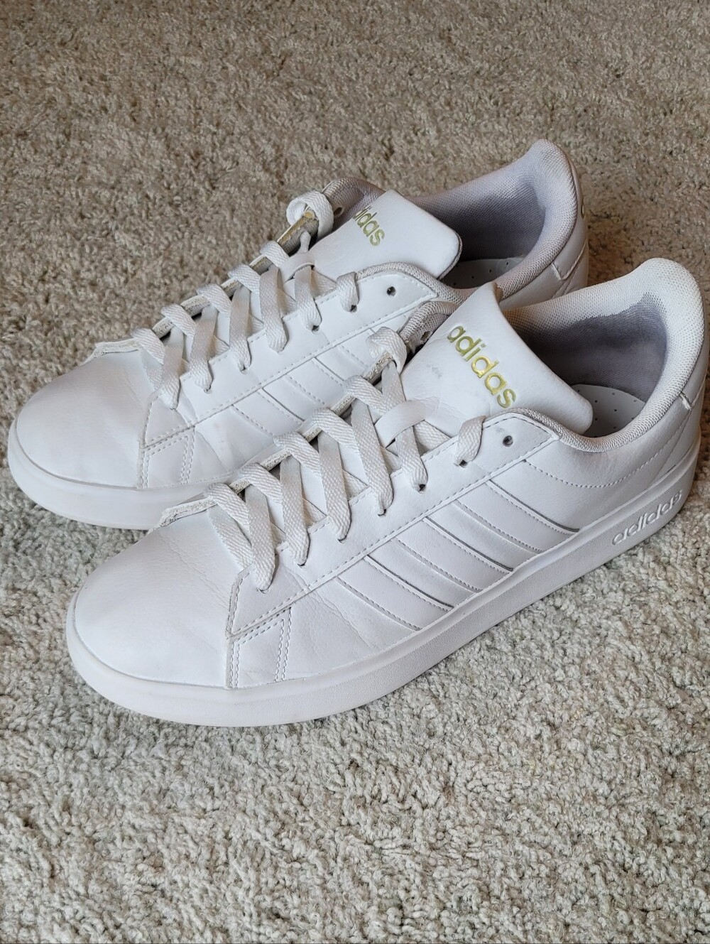 Adidas Grand Court Leather Sneakers White On White Gold Details 9 1/2